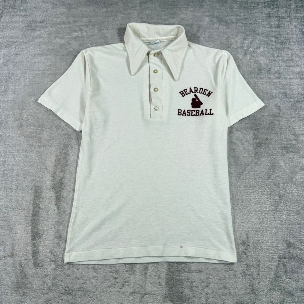 Vintage 1970s Champion Polo Shirt Mens Medium White Bearden Baseball USA Made